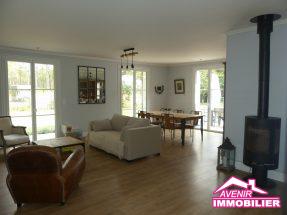 séjour lumineux avec poêle à bois – maison Le Temple