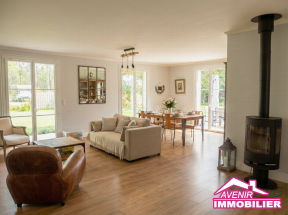 Grande pièce de vie lumineuse avec poêle à bois maison Le Temple