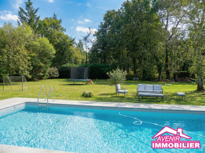 Piscine extérieure ensoleillée dans jardin calme et boisé